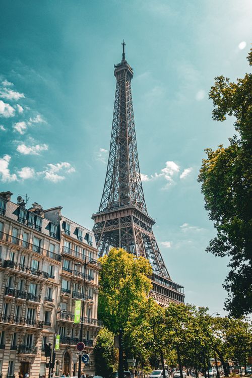 Free Iconic Eiffel Tower in Paris framed by buildings and lush trees under a clear summer sky. Stock Photo