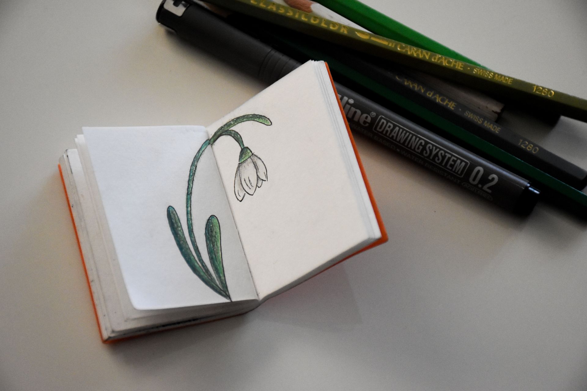 Open mini sketchbook displaying a snowdrop flower drawing with colored pencils and pens on the side.