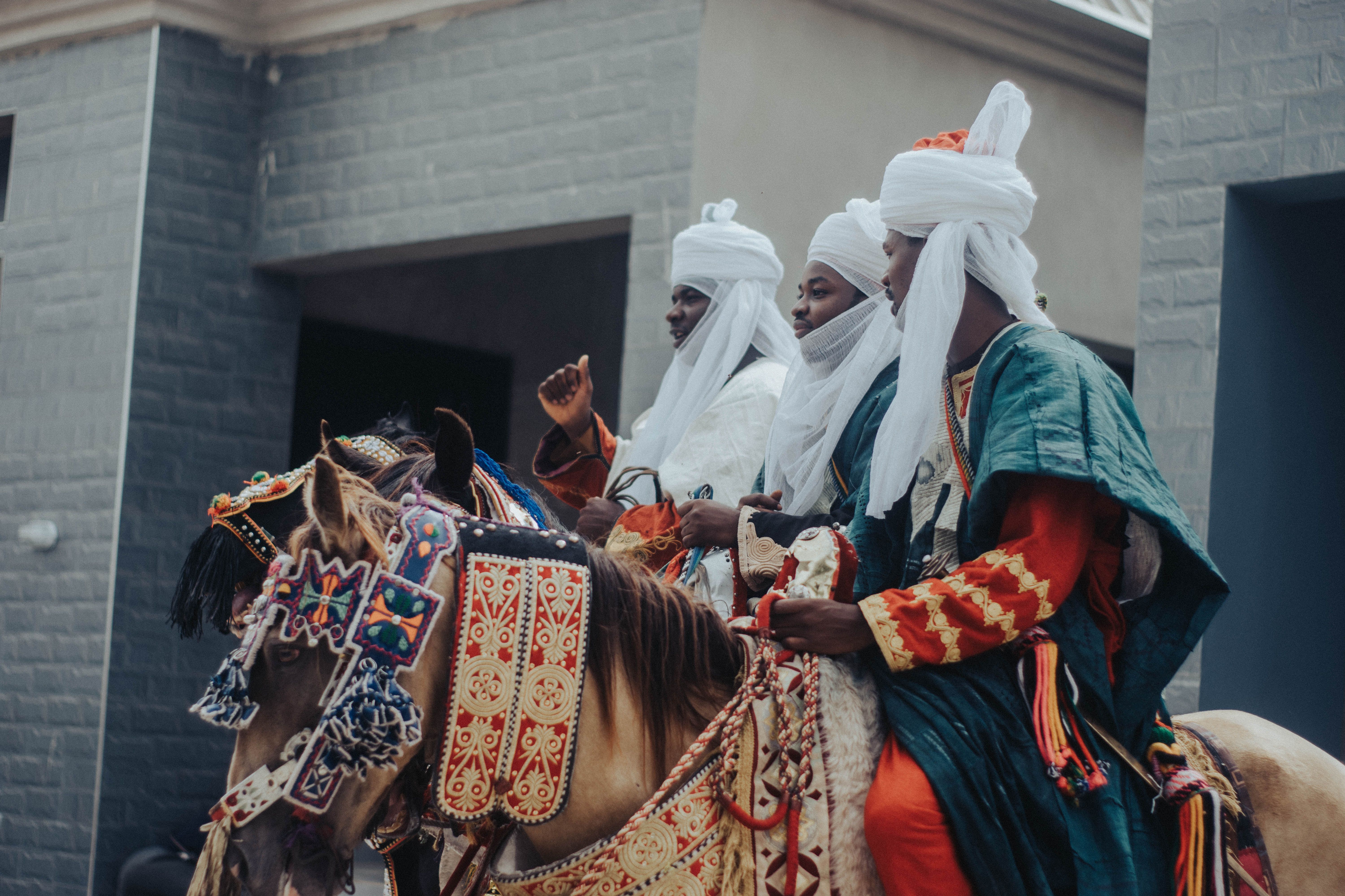 Gratis Tre uomini in abiti tradizionali africani in sella a cavalli riccamente decorati. Foto a disposizione