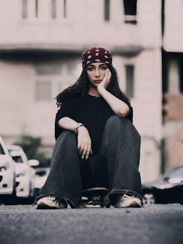 A young woman with curly hair sits confidently on a skateboard in a city street, showcasing urban style.