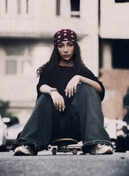 Trendy young woman with bandana sitting on skateboard in urban setting.