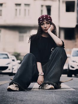 Stylish young woman in casual attire sitting on a skateboard on a city street.