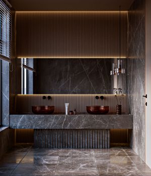 Elegant modern bathroom with marble design, double sink, and ambient warm lighting.