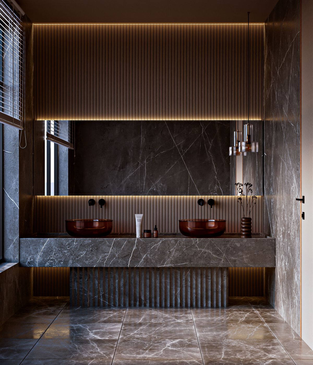 Luxurious modern bathroom with marble surfaces
