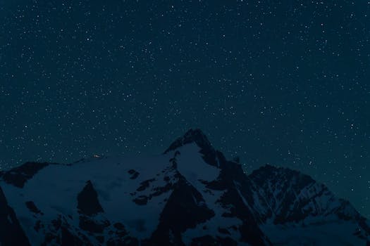 Beautiful starry night sky above snowy mountain peaks, perfect for winter landscapes and travel inspiration.