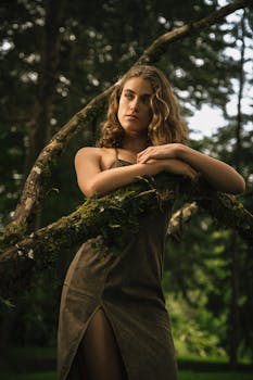 A young woman poses gracefully among lush trees in Alajuela, Costa Rica, embodying natural beauty.