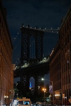 Captivating nighttime view of Manhattan Bridge silhouetted by city lights.