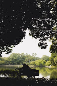 Silhouette of a person relaxing on a bench by a tranquil lakeside under trees.