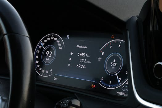 Close-up of a digital car dashboard showing speed and mileage.