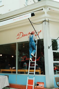 A worker in blue overalls paints the cafe sign on Abbey Road, London.