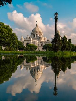 Stunning view of Victoria Memorial and its reflection in Kolkata, India.