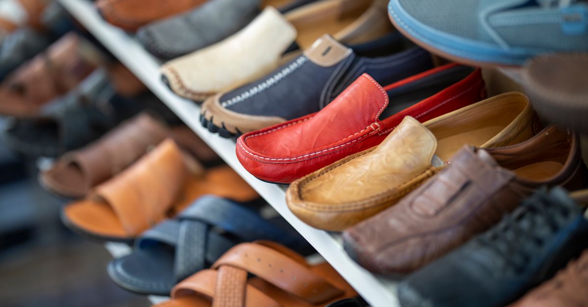 A variety of colorful leather shoes neatly arranged on a store display shelf.