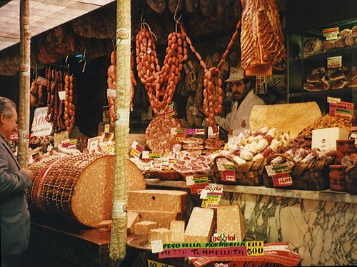 Free Traditional Italian deli counter in Florence showcasing meats and cheeses. Stock Photo