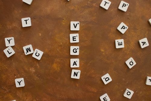 Free Scrabble tiles spelling 'Vegan' on a textured brown background. Stock Photo