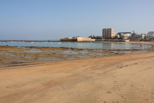 Free Beautiful beach overlook with historic fortress in Cádiz, Spain. Stock Photo