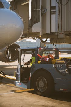 Ground crew operates a tow vehicle for plane positioning at the airport gate.