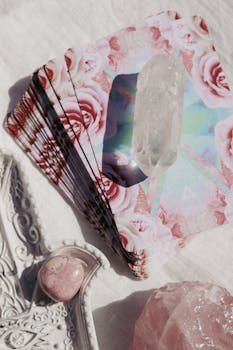 A beautiful arrangement of tarot cards, crystals, and healing stones on a cloth background.