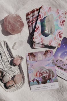 Tarot and crystals on a soft white background for spiritual guidance and healing.