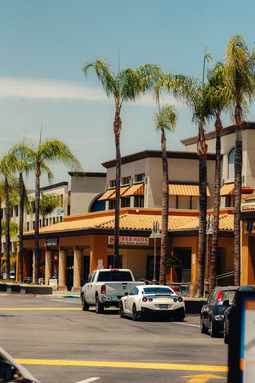 Free A vibrant shopping plaza with palm trees on a sunny day featuring parked cars. Stock Photo