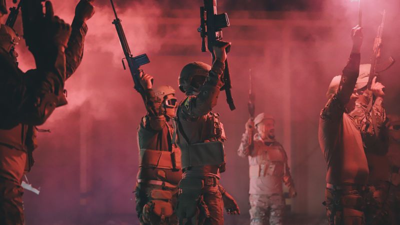 Libyan soldiers holding rifles and red flares in a dynamic military scene.