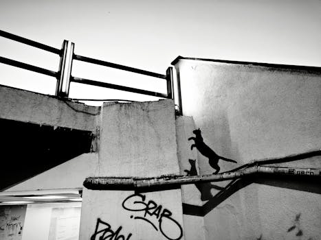 Black cat silhouette leaps against a graffiti-marked wall in İstanbul, capturing urban essence.