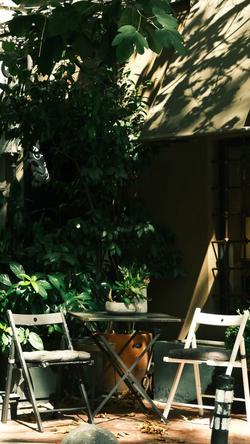 Free A cozy outdoor cafe setting with two chairs and a table in soft sunlight amidst lush green foliage. Stock Photo