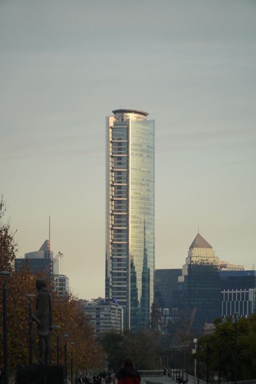 Free Stunning view of the Gran Torre Santiago at dusk in autumn, showcasing modern architecture in Santiago, Chile. Stock Photo