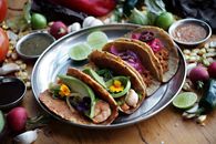 Colorful Mexican tacos with varied fillings on a wooden table.
