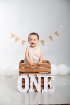 Adorable baby celebrating first birthday with decorative setup.