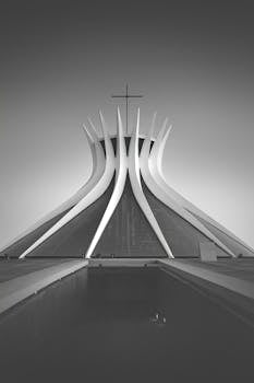 A striking view of Brasília's Cathedral with unique design in monochrome, showcasing modern architectural brilliance.