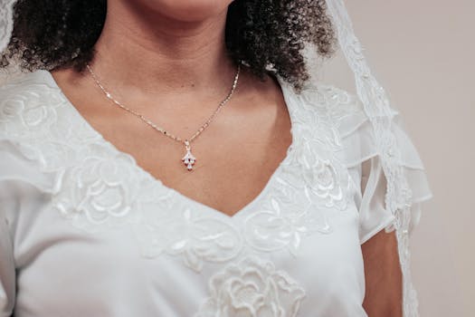 Close-up of a bride in a lace wedding dress and delicate necklace. Perfect for wedding-themed content.
