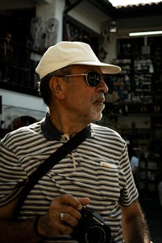 Middle-aged man with a camera exploring the vibrant streets of Eskişehir.
