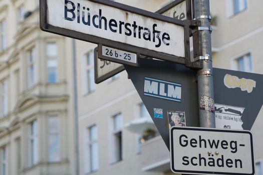 Detailed view of street signs in Blücherstraße, Berlin, Germany.
