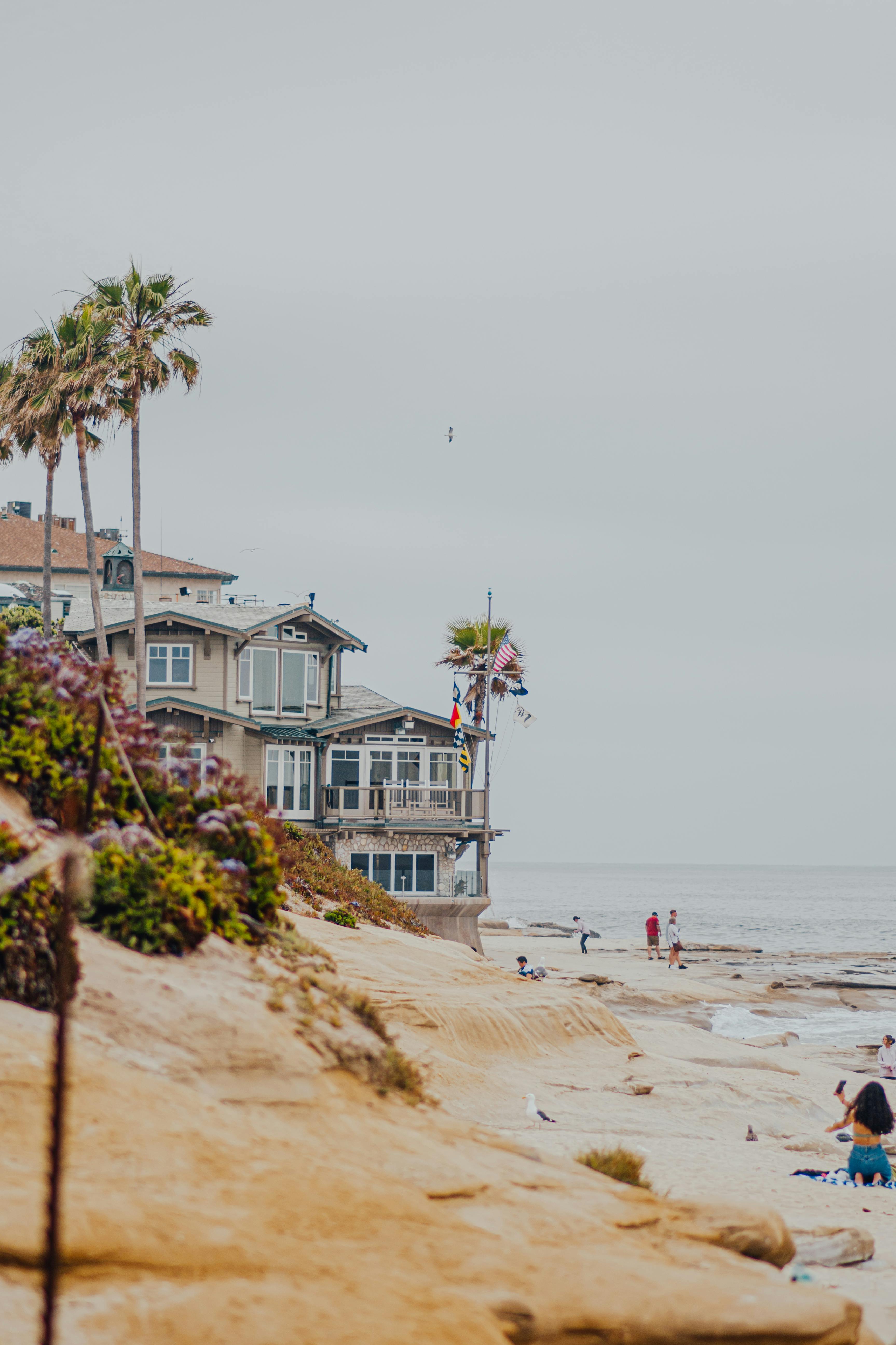 Beautiful beachside houses and palm trees in San Diego, California, USA.