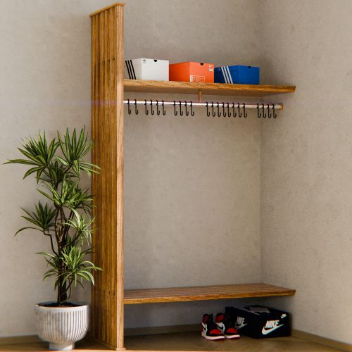 Free Stylish closet space with wooden shelves, shoe boxes, and a vibrant potted plant. Stock Photo