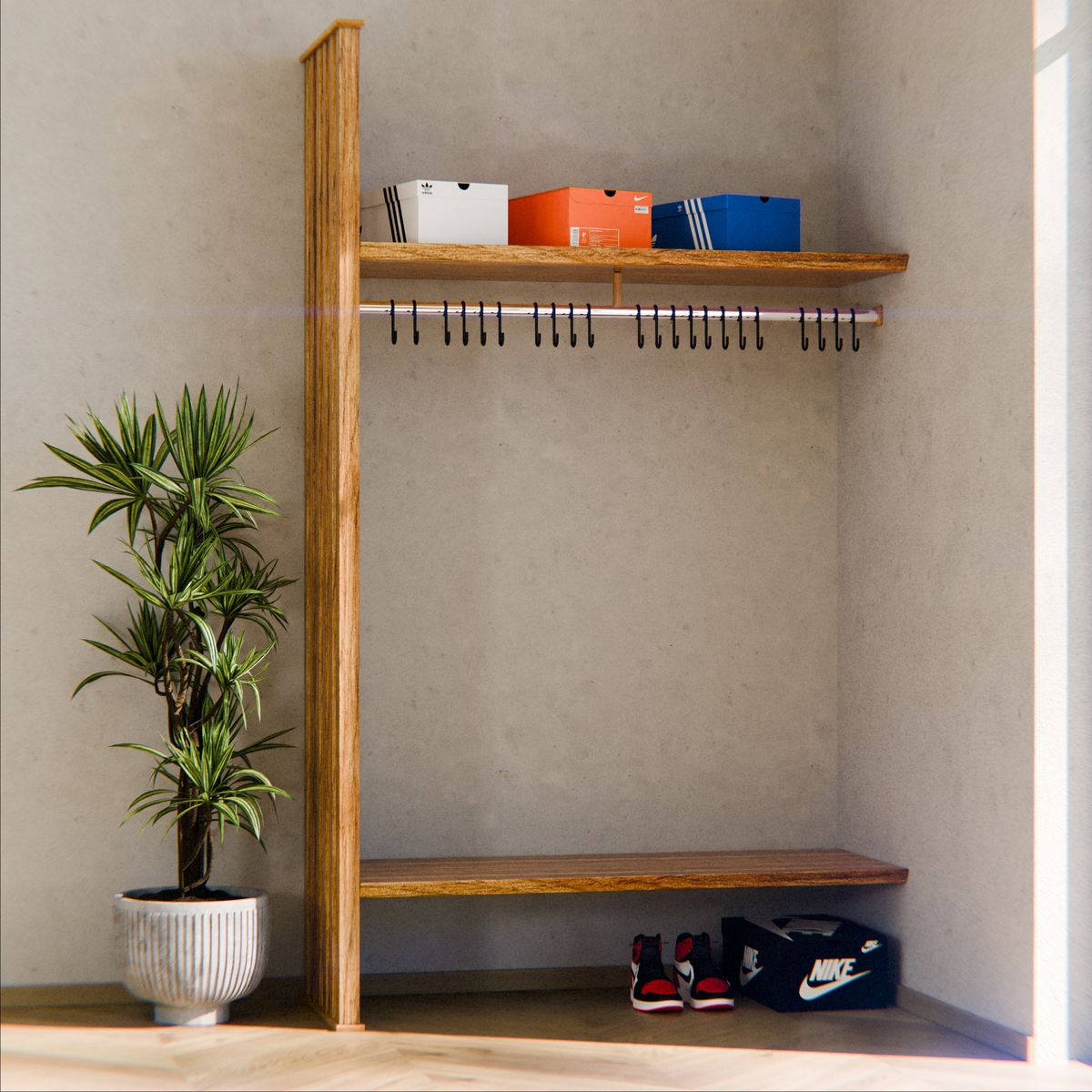 Wooden closet with labeled shoe boxes stored on the top shelf beside a potted plant