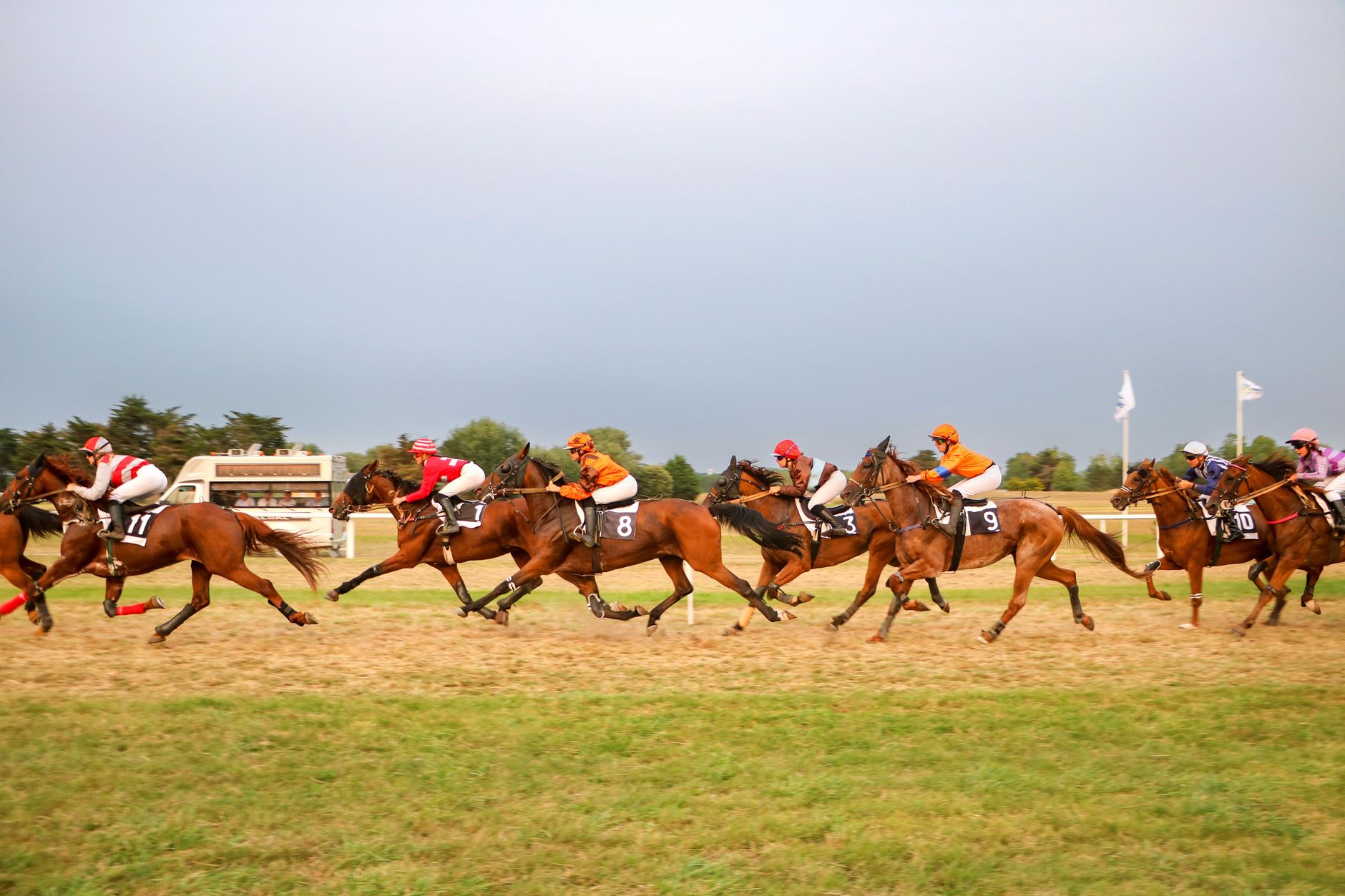 Exciting horse race in Bréhal, Normandie capturing the thrill and speed of competition.