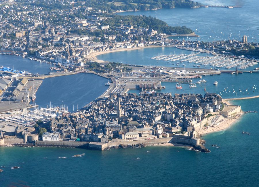 Explore the stunning aerial view of the fortified city of Saint-Malo in Brittany, France.