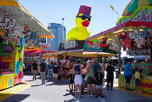 Colorful summer carnival scene with a giant rubber duck and game stalls under clear blue sky.