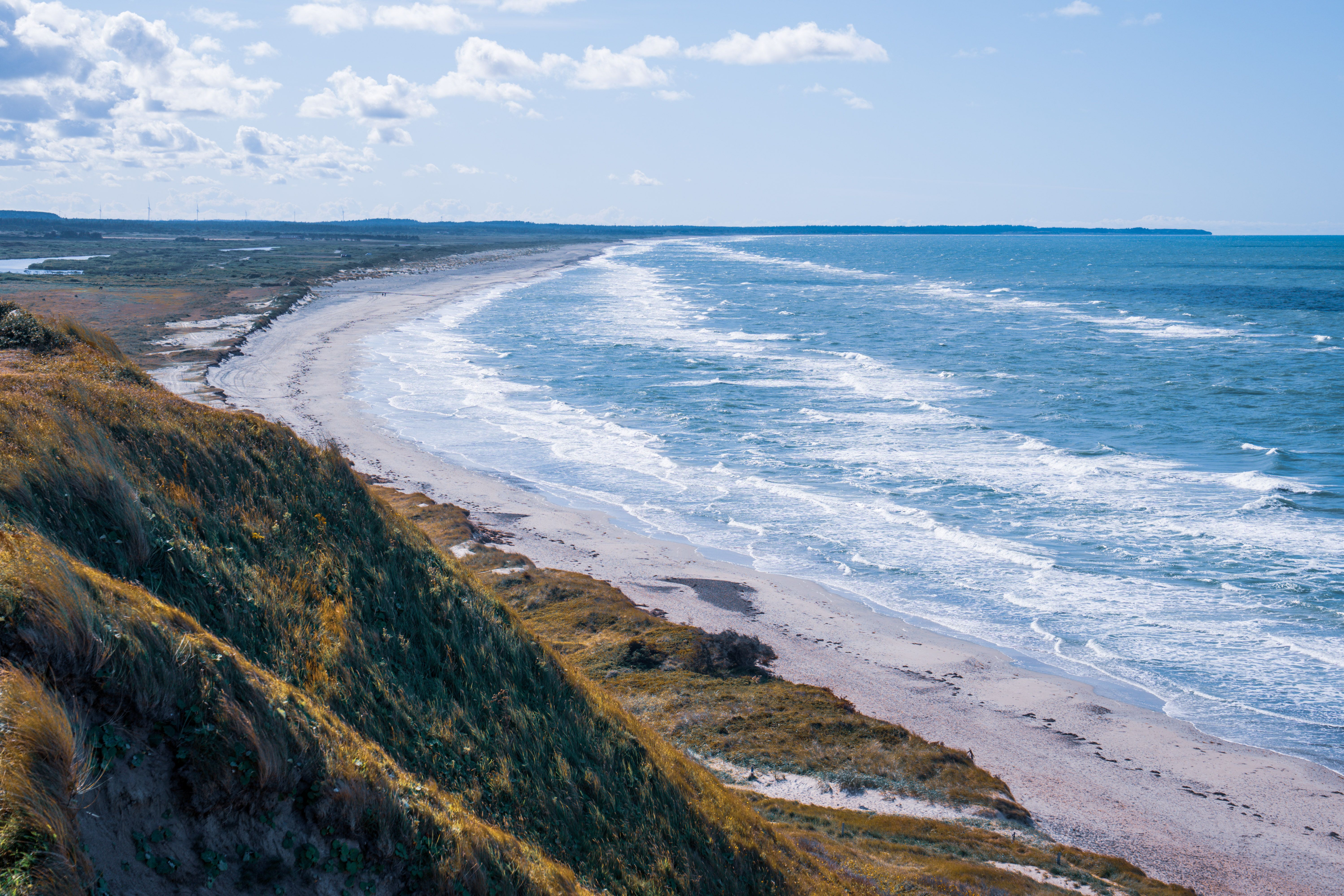 Idyllic coastal landscape in Denmark with sandy dunes, clear blue sea, and sunny summer sky. — photo by Sascha Weber / Pexels