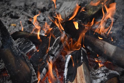 Free Crackling campfire with burning logs and vibrant flames casting a warm glow outdoors. Stock Photo