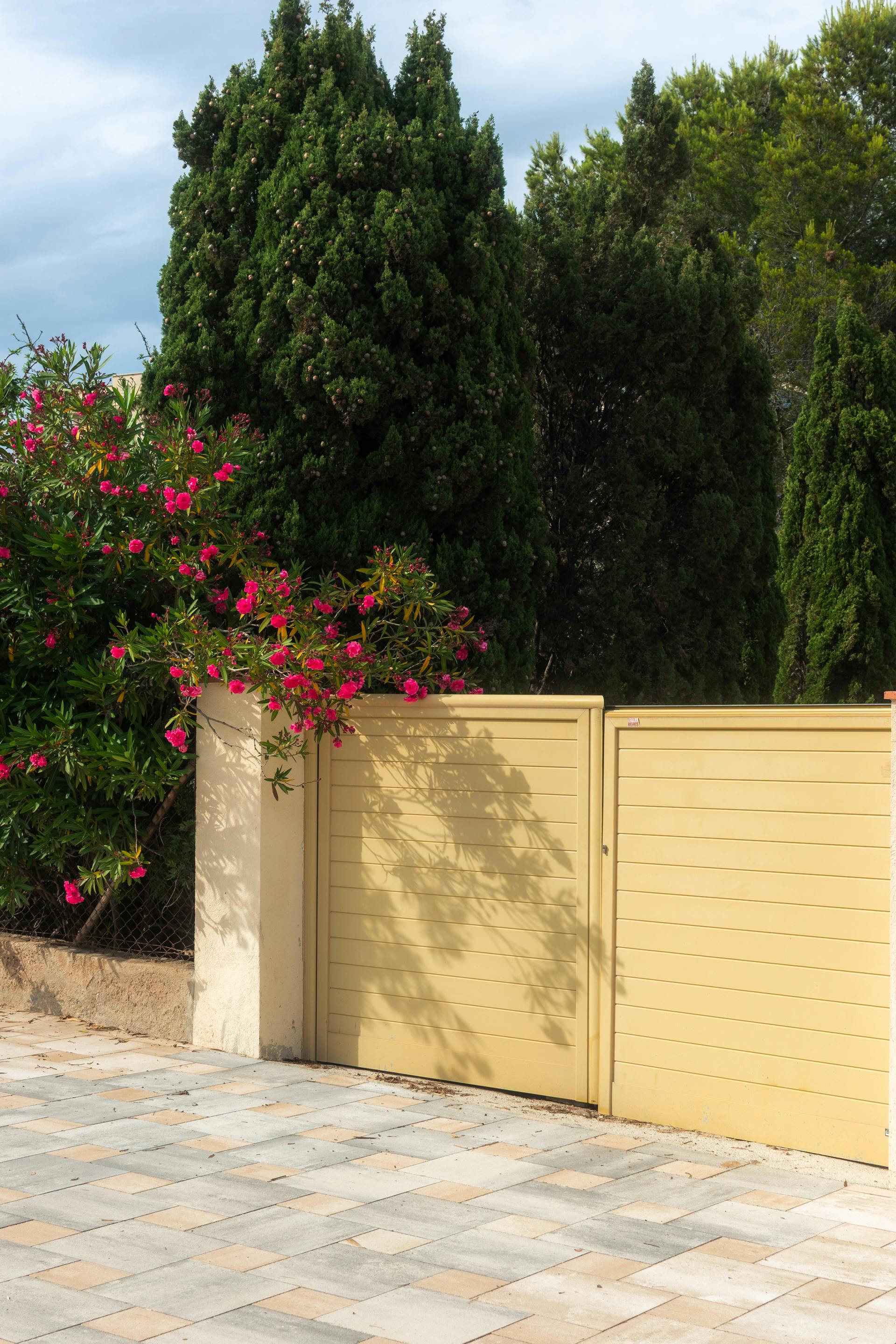 A charming yellow gate with vibrant pink flowers on a sunny day.