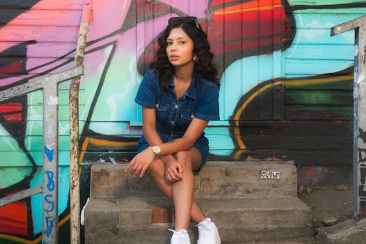 Confident woman sitting on steps in outdoor urban setting with vibrant graffiti backdrop.