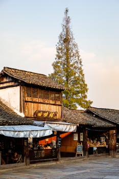 A picturesque view of a traditional wooden market street in China, showcasing local culture.
