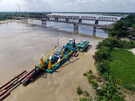 Dredging barge on Gorai River near Gorai Bridge, Kushtia, Bangladesh.