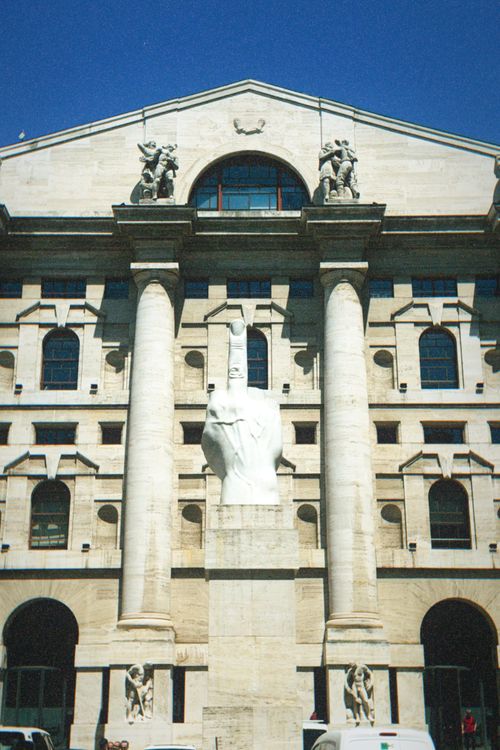 Free Front view of the L.O.V.E sculpture at Palazzo Mezzanotte in Milan. Stock Photo