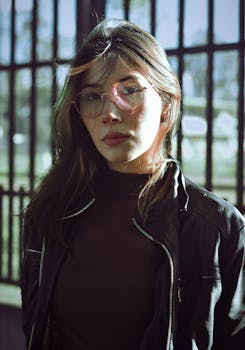 Portrait of a young woman with heart-shaped glasses in a leather jacket outdoors in natural light.