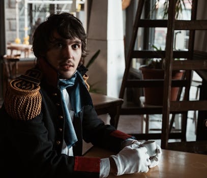 Man in a vintage military uniform sitting indoors, holding a cup of coffee.
