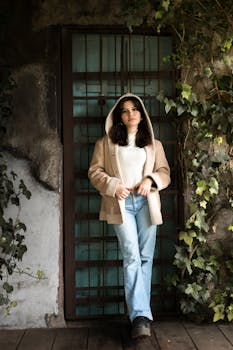 A young woman in casual attire leaning against a rustic door surrounded by greenery.