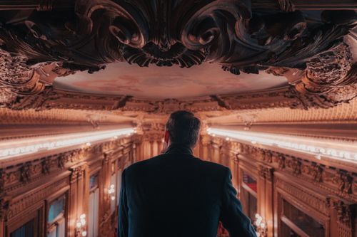 Free A man stands in an ornately decorated hall, capturing a moment of elegance and grandeur. Stock Photo